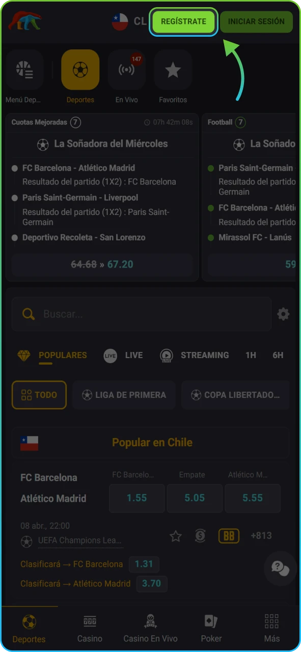 Ubicación del botón de creación de cuenta nueva en la pantalla principal de la aplicación.