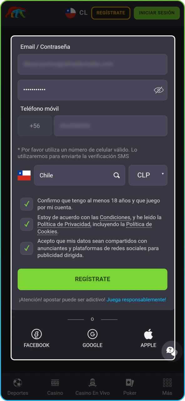 Formulario de registro para nuevos usuarios que desean apostar en torneos de videojuegos.