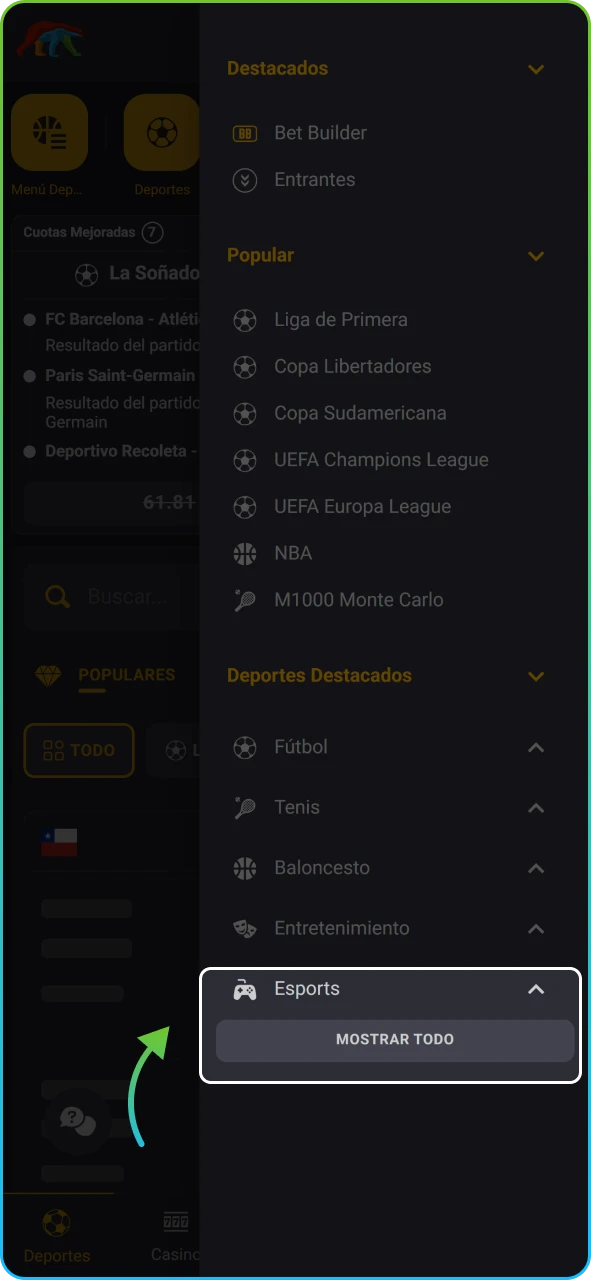 Ubicación de la pestaña de deportes electrónicos en el menú principal de Coolbet.