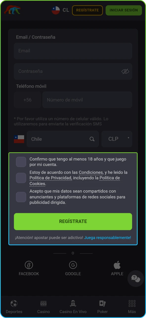 Acción final para validar los datos y entrar al perfil de usuario de Coolbet.