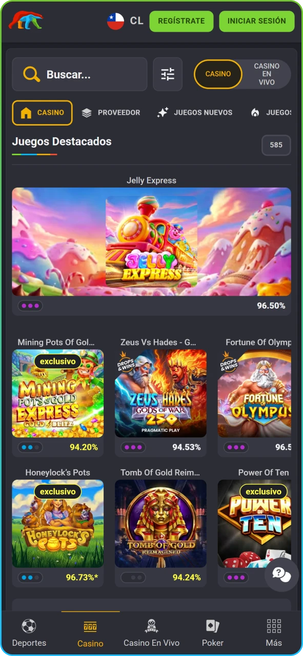 Sección principal de juegos de azar con tragamonedas y mesas en vivo.