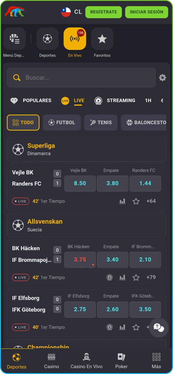 Panel de apuestas deportivas con cuotas actualizadas para fútbol y otras disciplinas.