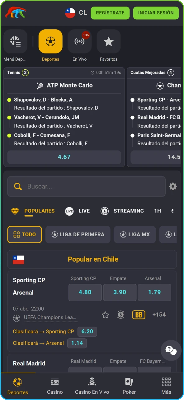 Vista general de la página de inicio de Coolbet Chile con acceso a deportes y casino.