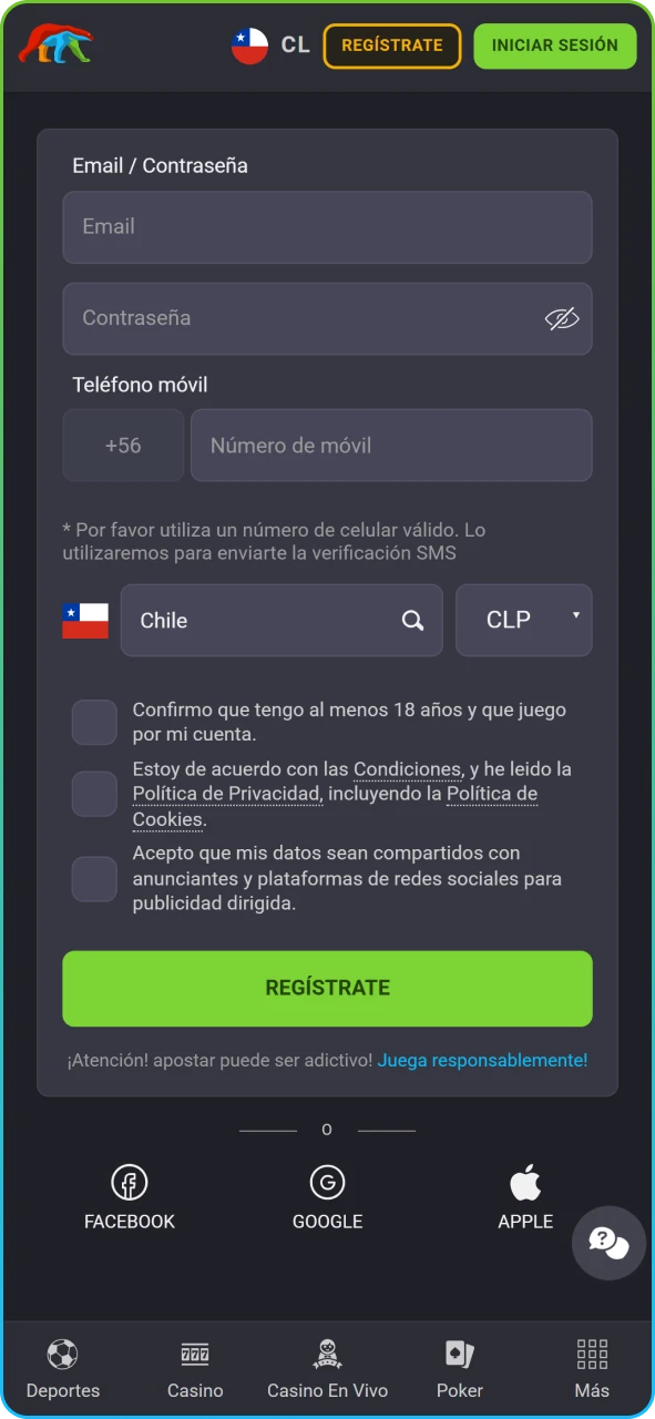 Formulario de creación de cuenta nueva para usuarios chilenos en la plataforma.