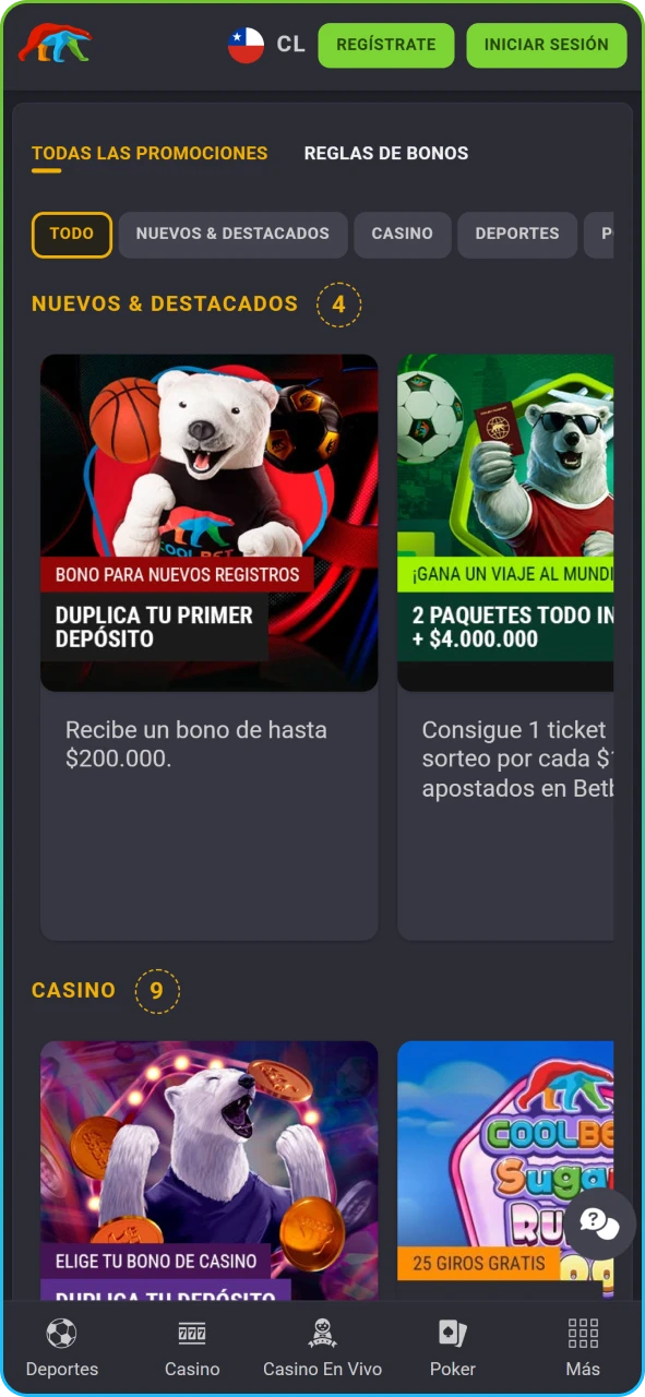 Listado de ofertas y recompensas de bienvenida disponibles para jugadores locales.