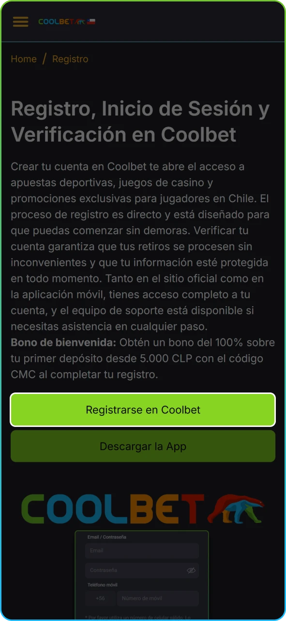 Ubicación del botón de registro en la parte superior del sitio web oficial de Coolbet Chile.