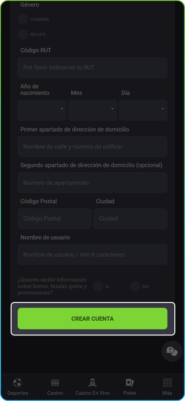 Botón final de validación de términos y condiciones para activar la cuenta de juego en pesos chilenos.