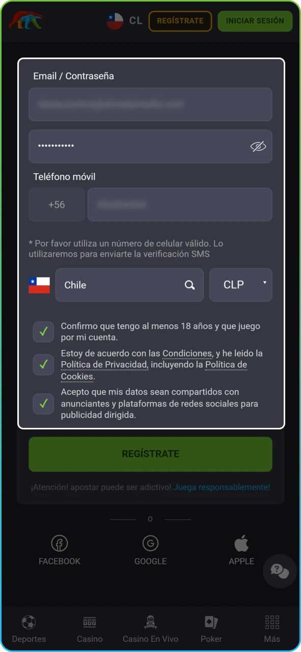 Campos obligatorios para introducir el nombre completo, RUT y fecha de nacimiento del nuevo jugador.
